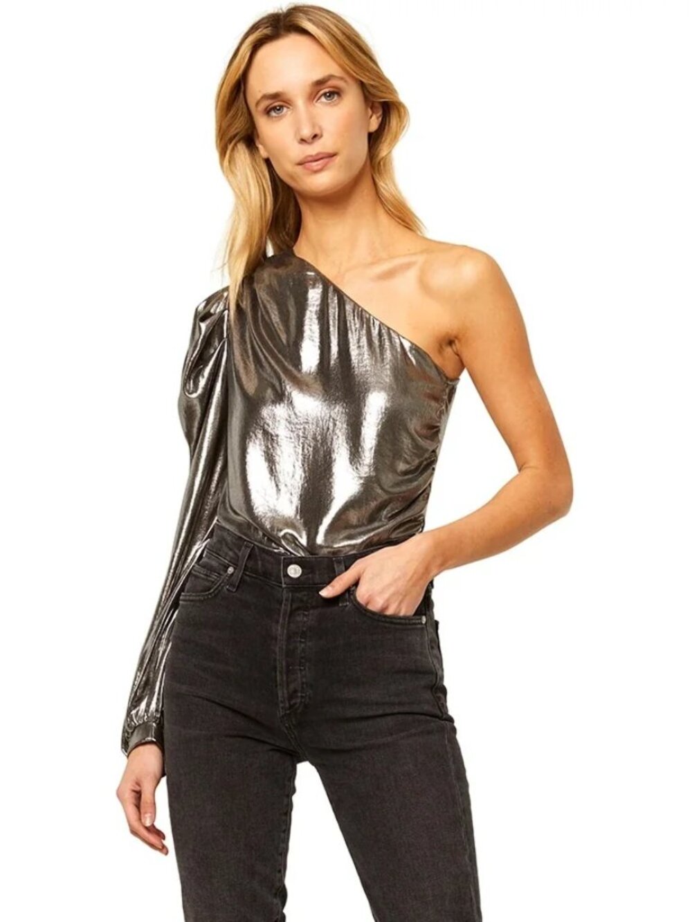 MISA Bianca Silver Metallic One Shoulder Puff Sleeve Bodysuit, Size S